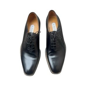 A. Testoni Men's 7.5 Black Leather Oxford Dress Shoes Made in Italy Luxury